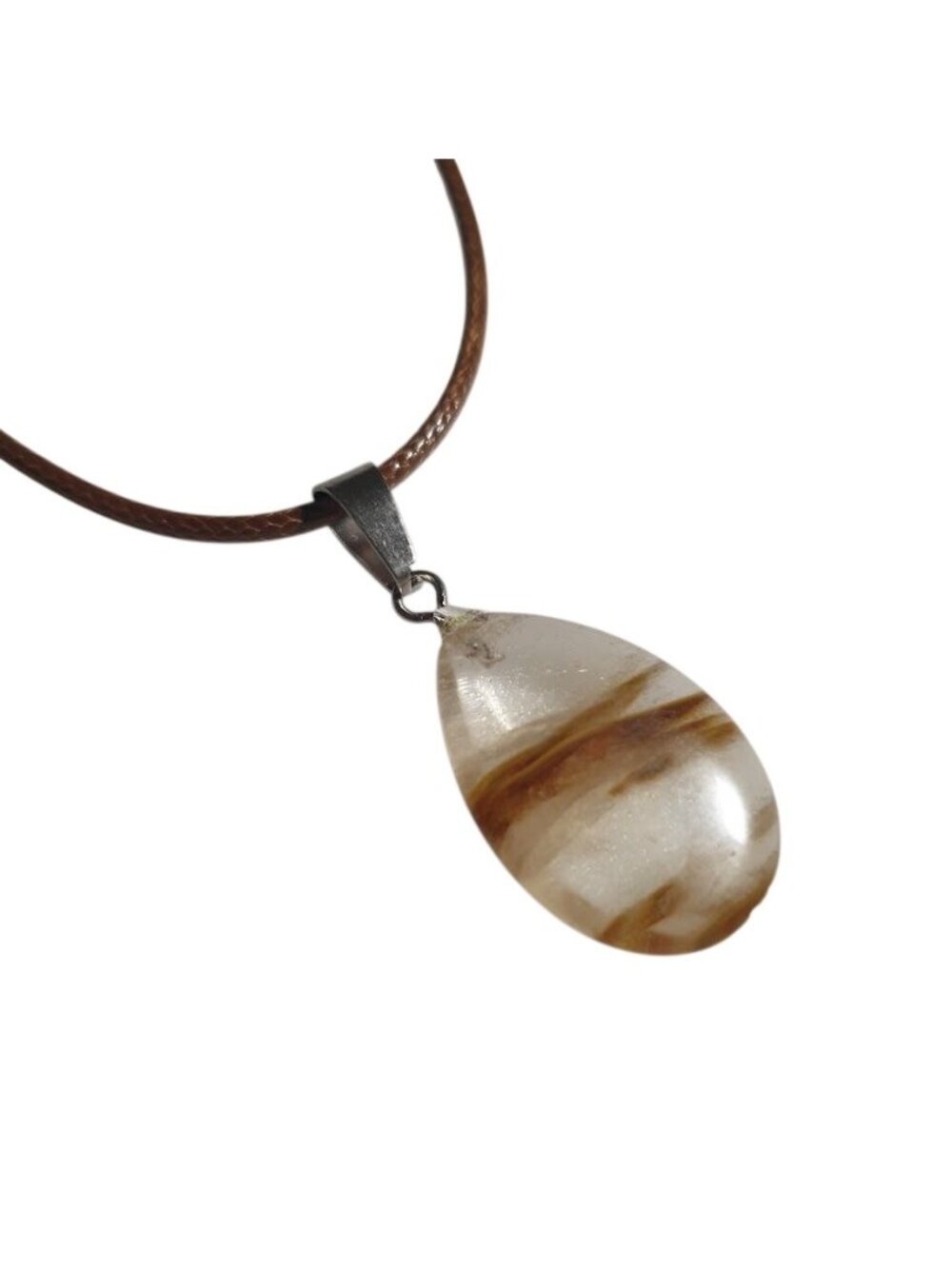 Brown Leather Cord Necklace Healing Stone Pendant Brown White Gift Women Men